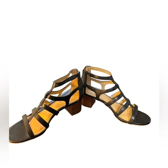 Antonio Melani Black Leather Cage Block Heel Sandals Women’s 7.5 - Picture 10 of 11